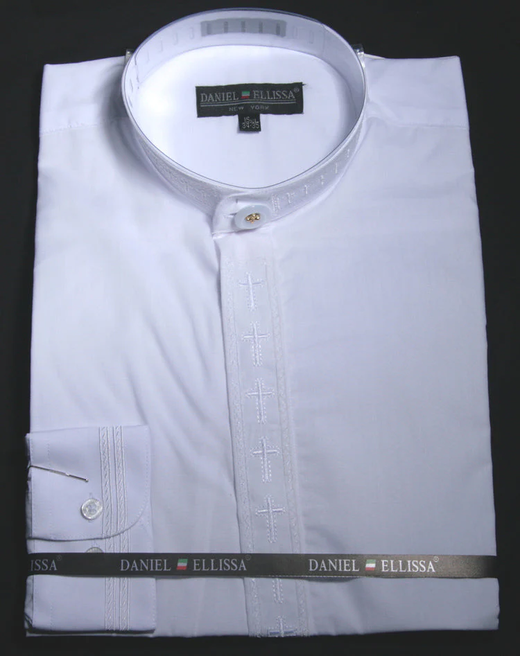 Men's Cross Embroidered Banded Collar Dress Clergy Shirt in White
