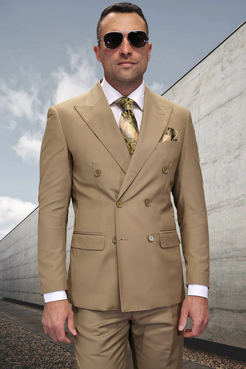 Men's Designer Double Breasted Wool Suit in Caramel Khaki