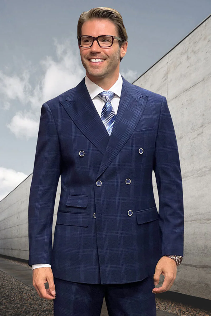 Men's Designer Classic Fit Double Breasted Wool Suit in Navy Windowpane Plaid