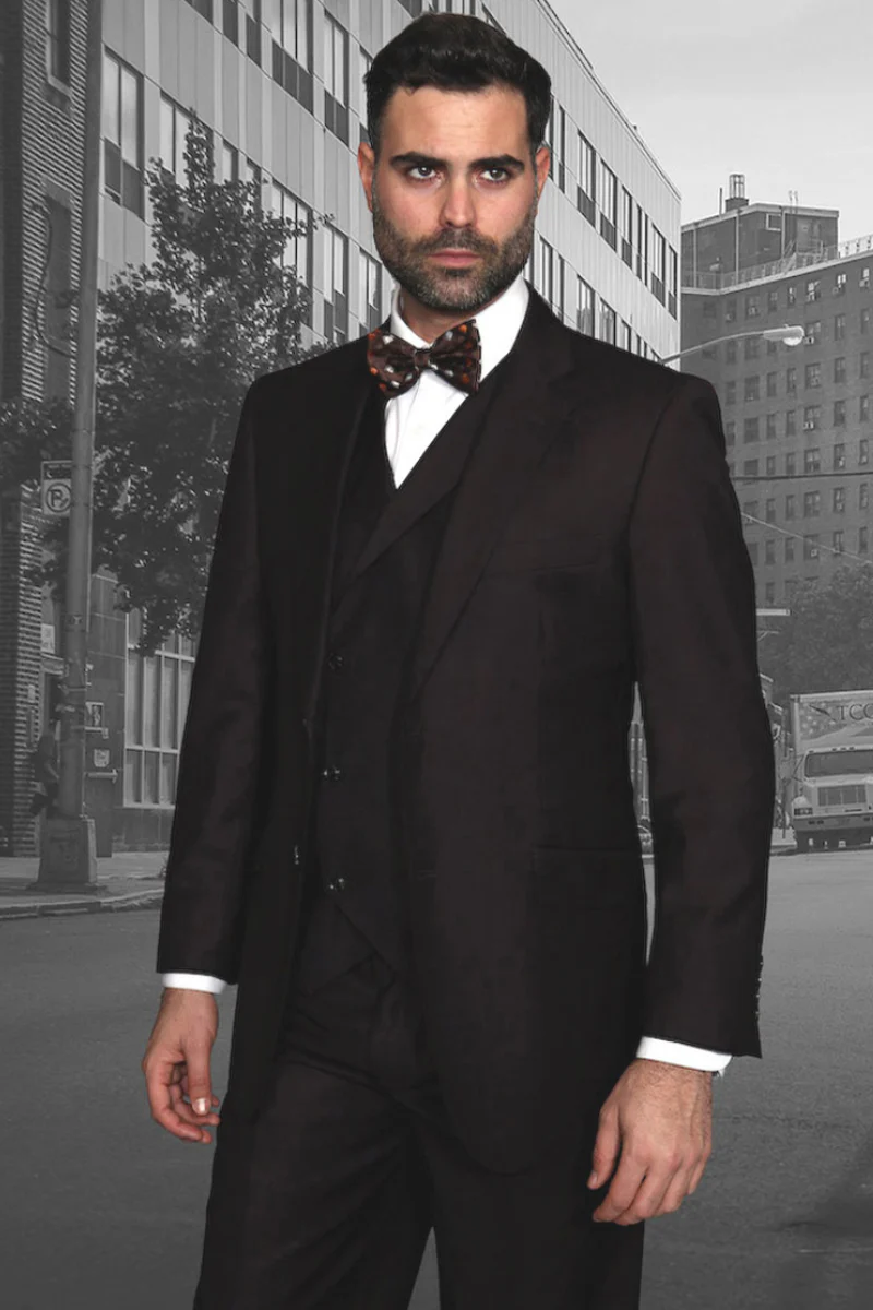 Men's Designer Classic Fit Pleated Pant Wool Suit with Double Breasted Vest in Brown