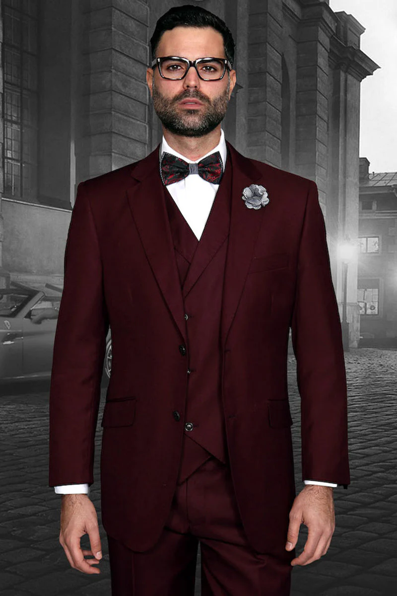 Men's Designer Classic Fit Pleated Pant Wool Suit with Double Breasted Vest in Burgundy