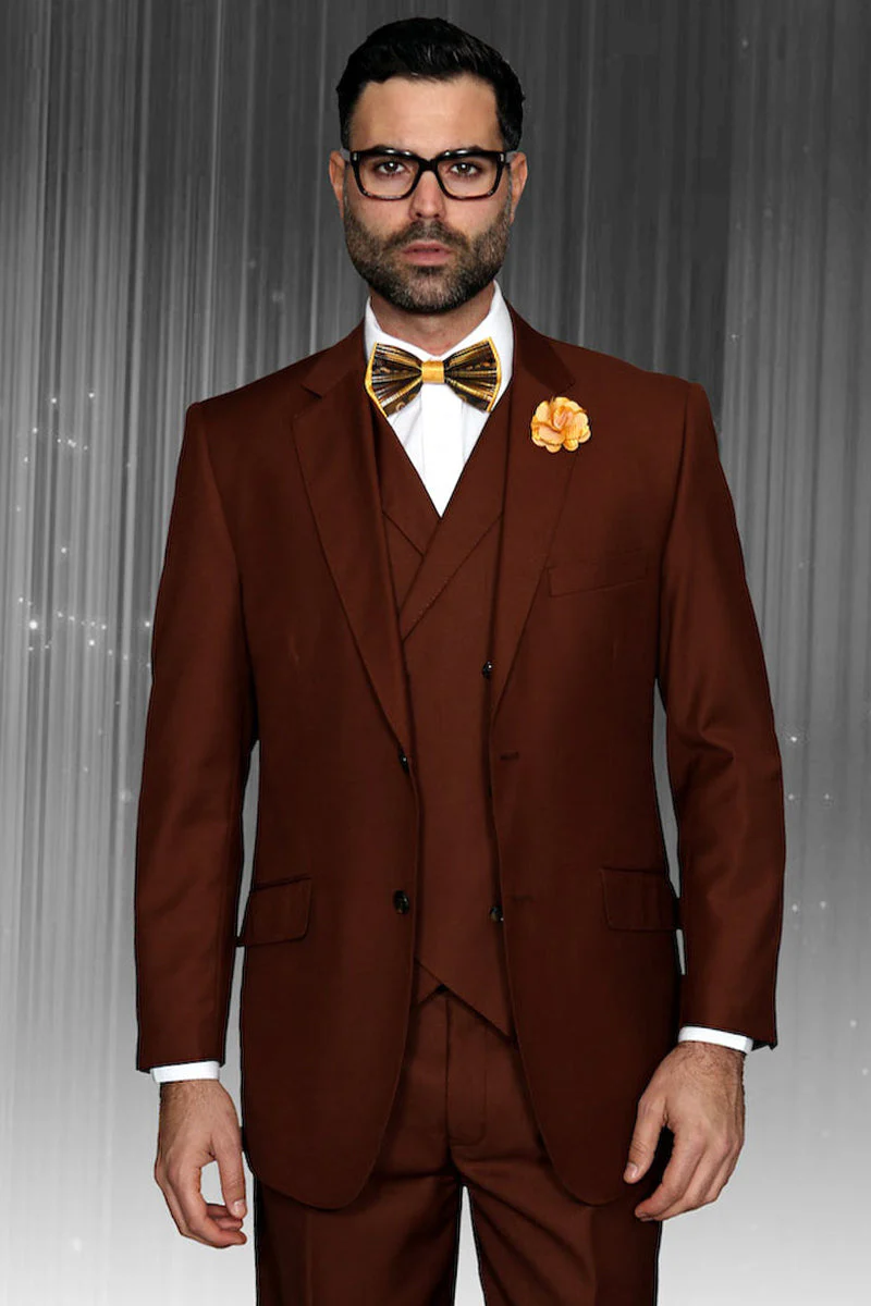 Men's Designer Classic Fit Pleated Pant Wool Suit with Double Breasted Vest in Copper