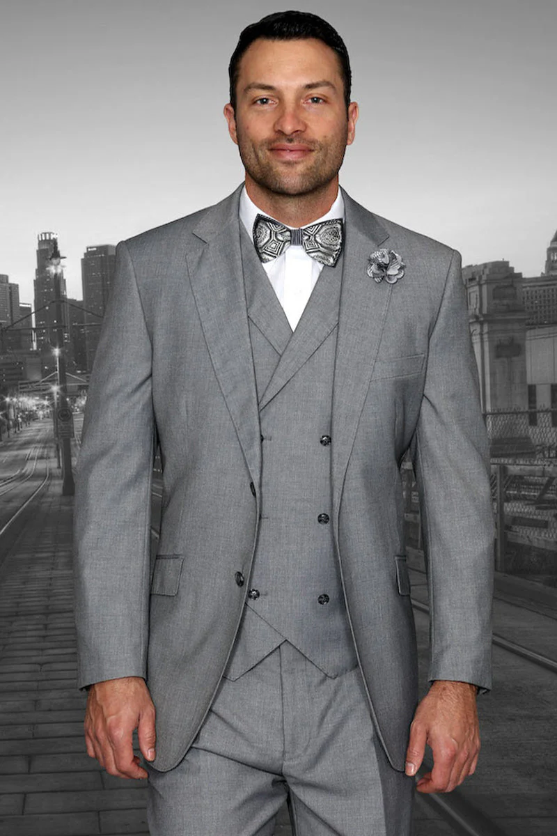 Men's Designer Classic Fit Pleated Pant Wool Suit with Double Breasted Vest in Grey