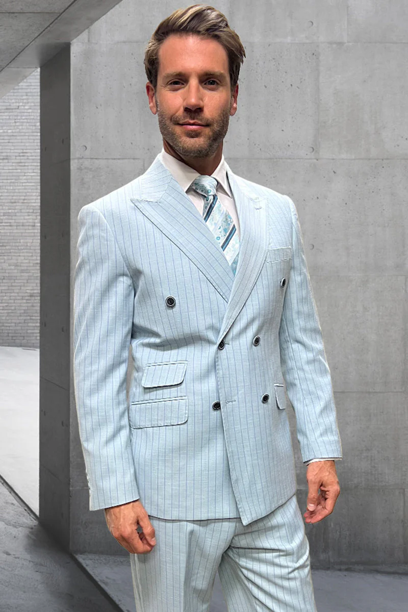 Men's Designer Double Breasted Summer Wool Suit in Light Aqua Blue Pinstripe