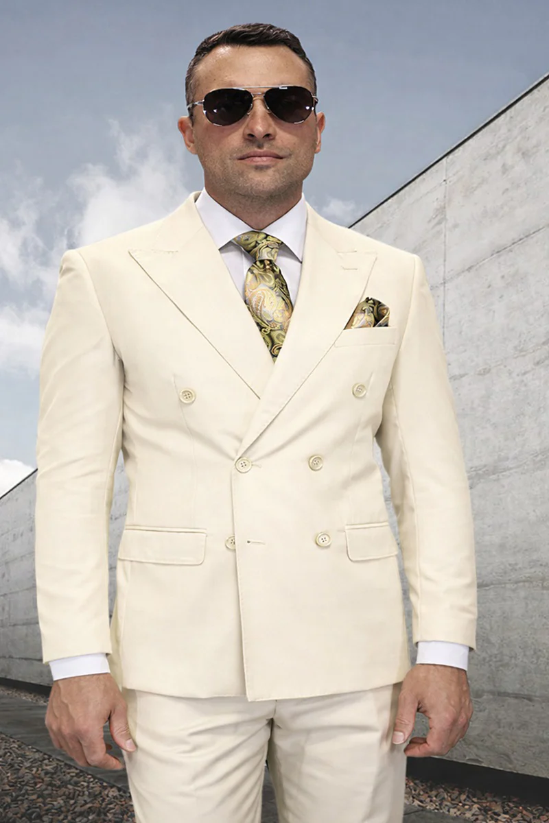 Men's Designer Double Breasted Wool Suit in Ivory Off White