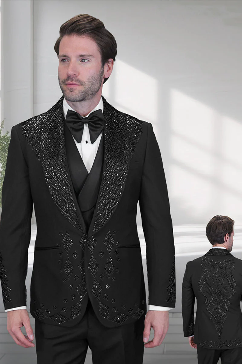Men's Designer Embelished Rhinestone Jacquard Pattern Wedding & Prom Tuxedo in Black - Image 2