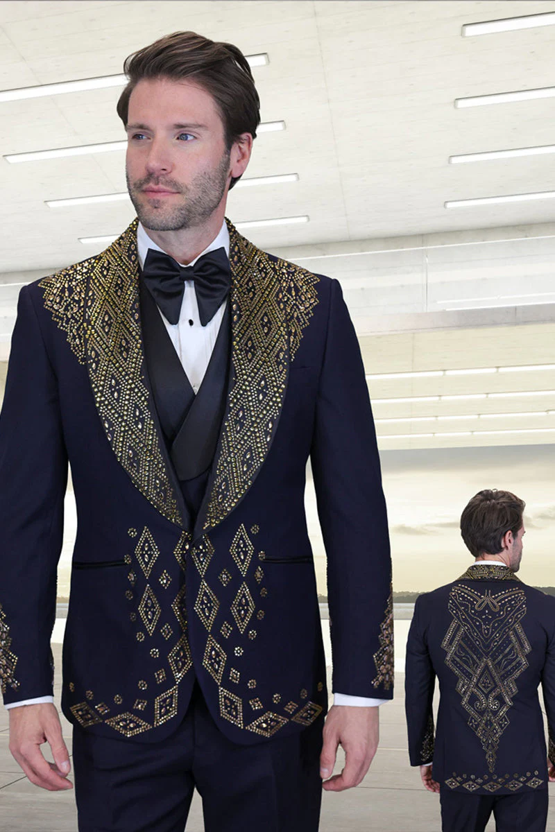 Men's Designer Embelished Rhinestone Jacquard Pattern Wedding & Prom Tuxedo in Black & Gold - Image 2