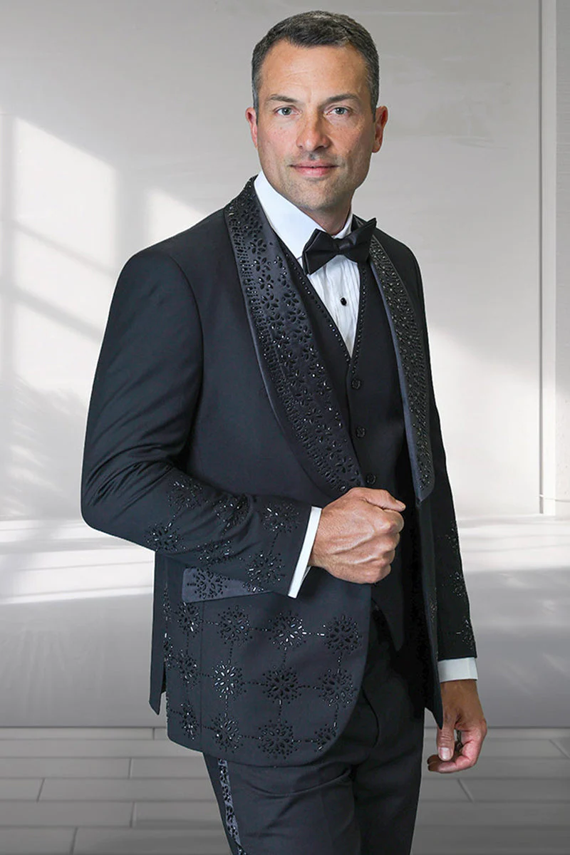 Men's Designer Floral Rhinestone Prom & Wedding Tuxedo in Black &