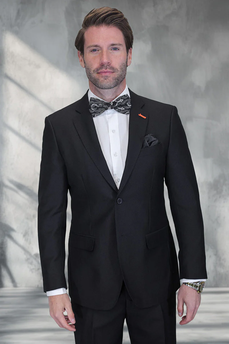 Men's Designer Modern Fit Super 200's Textured Wool Suit in Black