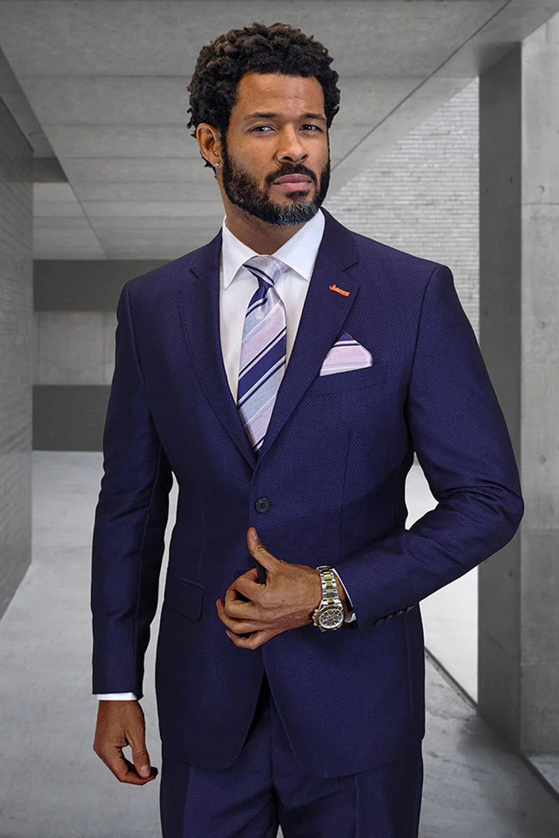 Men's Designer Modern Fit Super 200's Textured Wool Suit in Navy Blue