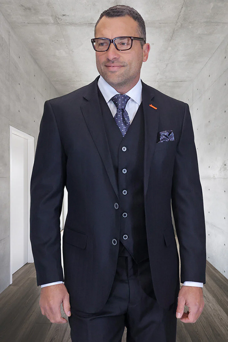 Men's Designer Modern Fit Vested Wool Suit in Black Herringbone Shadow Pinstripe