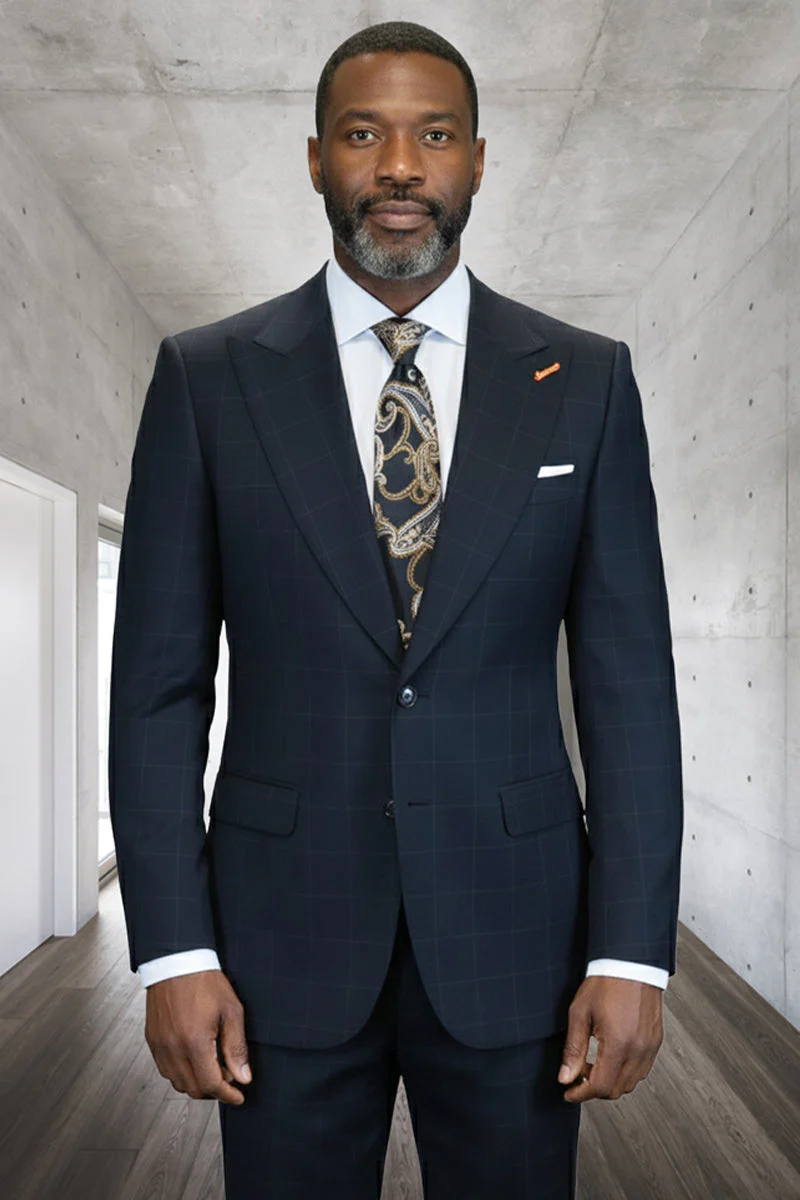 Men's Designer One Button Peak Lapel Wool Suit in Black Windowpane Plaid