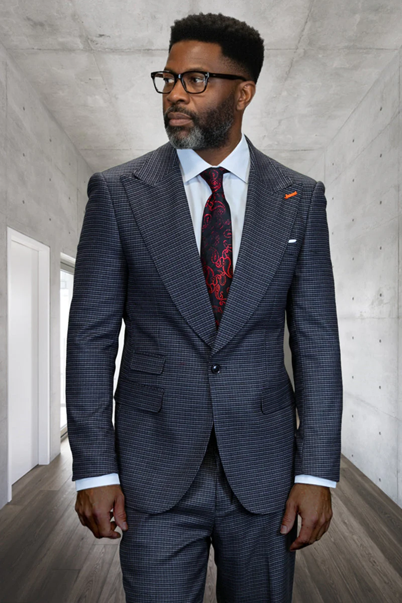 Men's Designer One Button Peak Lapel Wool Suit in Charcoal Grey Micro Plaid