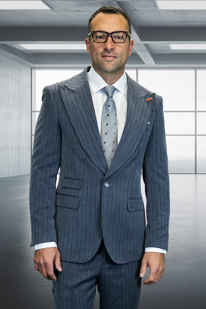 Men's Designer One Button Peak Lapel Wool Suit in Charcoal Grey Pinstripe