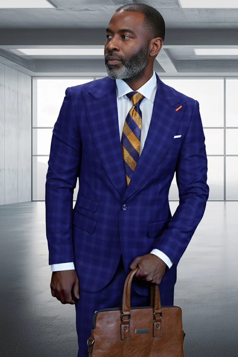Men's Designer One Button Peak Lapel Wool Suit in Cobalt Blue Glen Plaid