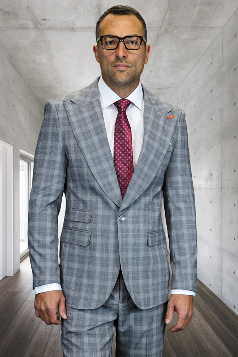 Men's Designer One Button Peak Lapel Wool Suit in Light Grey Glen Plaid