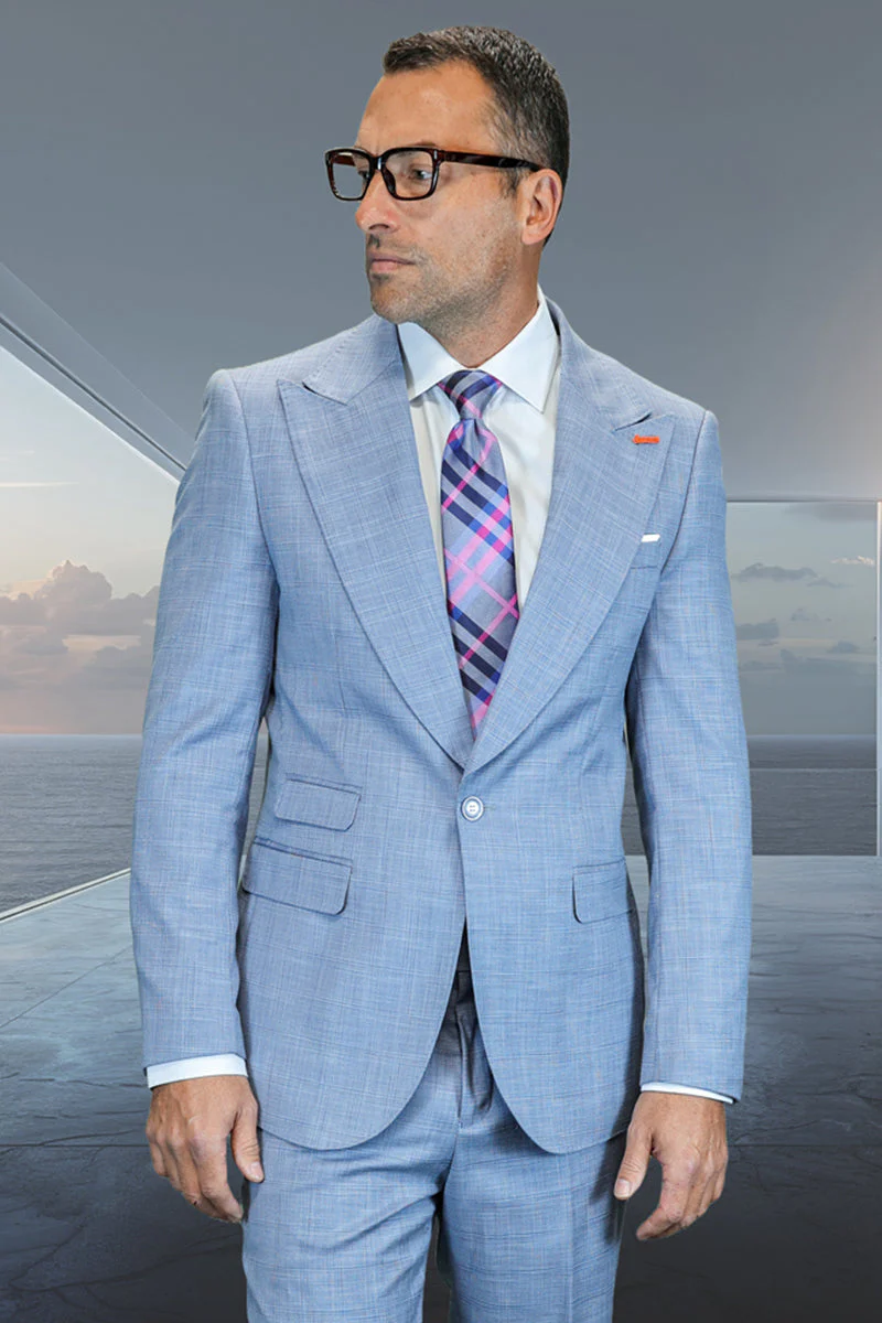 Men's Designer One Button Peak Lapel Wool Suit in Light Steel Blue Sharkskin