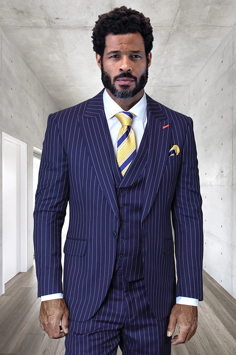 Men's Designer One Button Vested Wool Suit in Navy Pinstripe