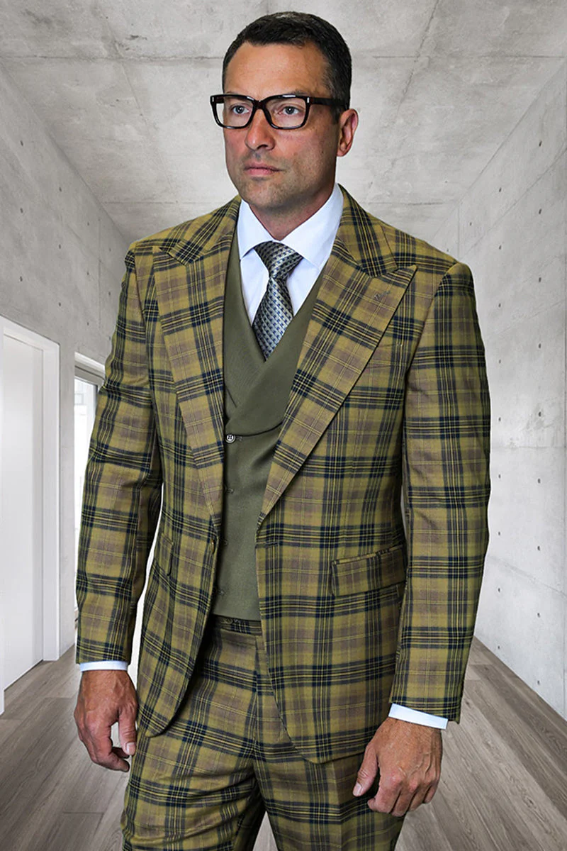 Men's Designer One Button Wool Suit in Bronze Bold Plaid with Double Breasted Vest