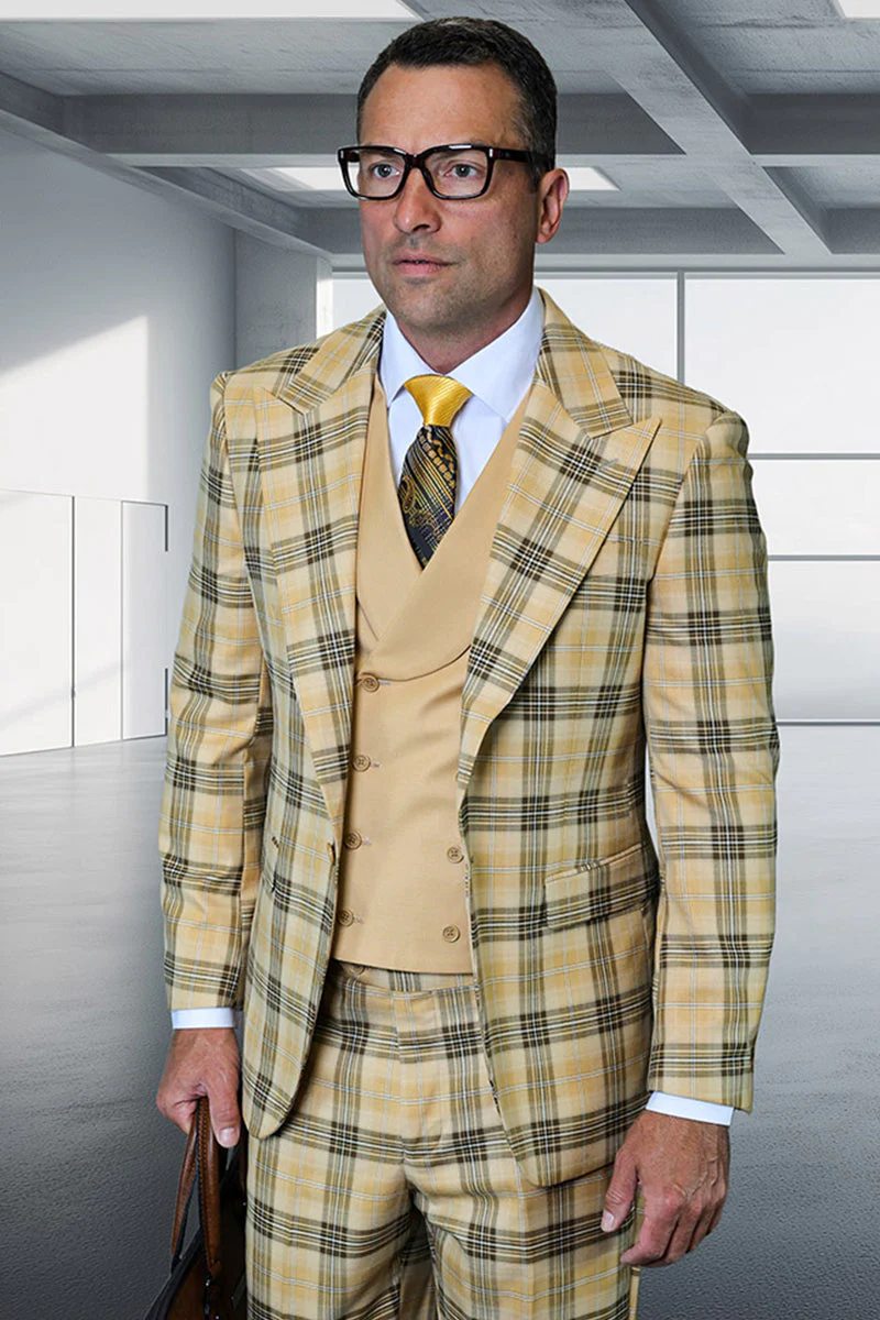 Men's Designer One Button Wool Suit in Camel Bold Plaid with Double Breasted Vest