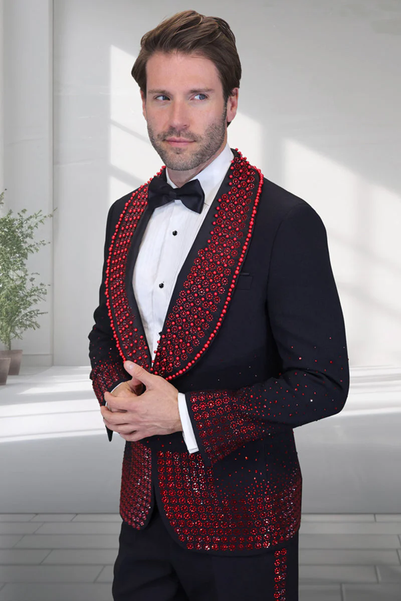 Men's Designer Red Flower Rhinestone Studded Prom & Wedding Tuxedo in Black