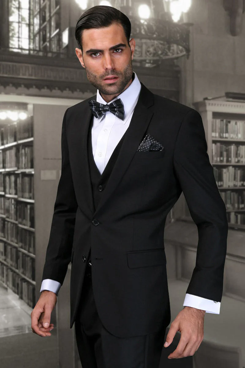 Men's Designer Slim Fit Vested Stretch Wool Suit in Black