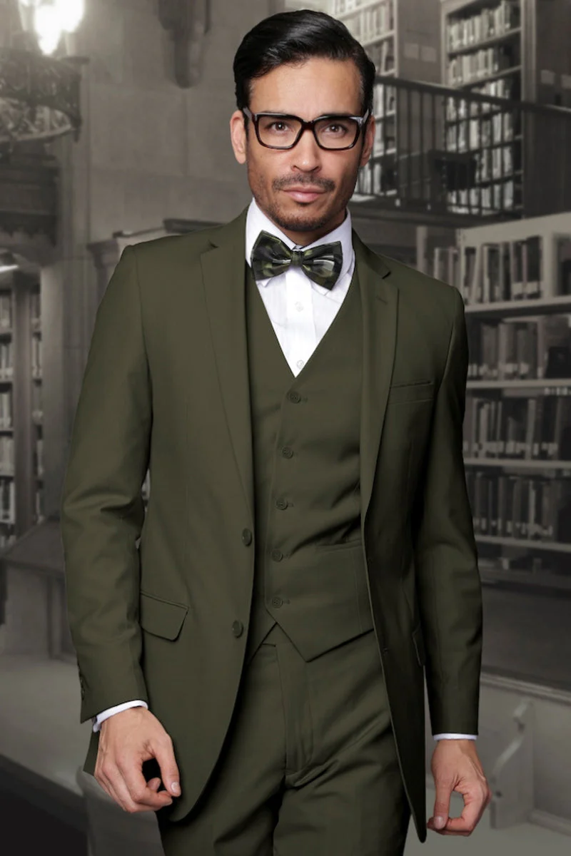 Men's Designer Slim Fit Vested Wool Wedding Suit in Olive Green
