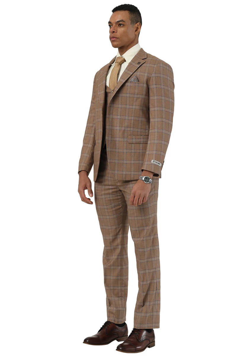 Men's Designer Stacy Adams Vested Glen Plaid Suit in Brown - Image 2