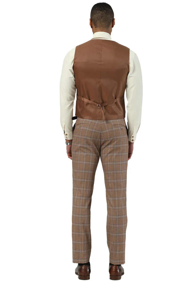 Men's Designer Stacy Adams Vested Glen Plaid Suit in Brown - Image 4