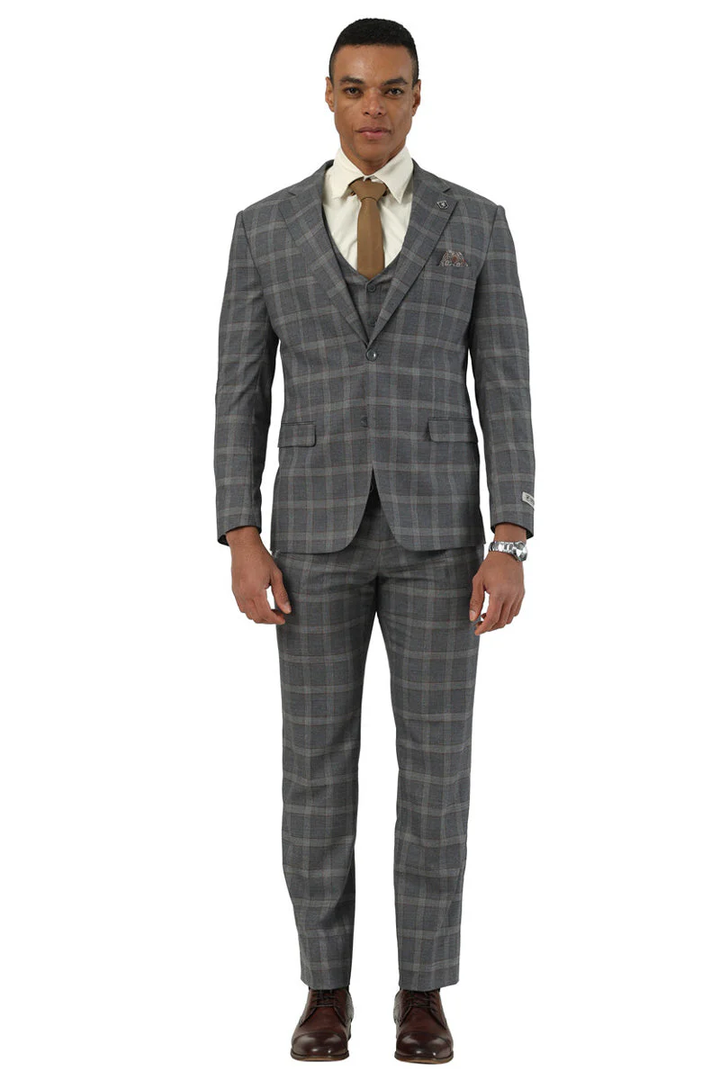 Men's Designer Stacy Adams Vested Glen Plaid Suit in Charcoal & Brown - Image 2