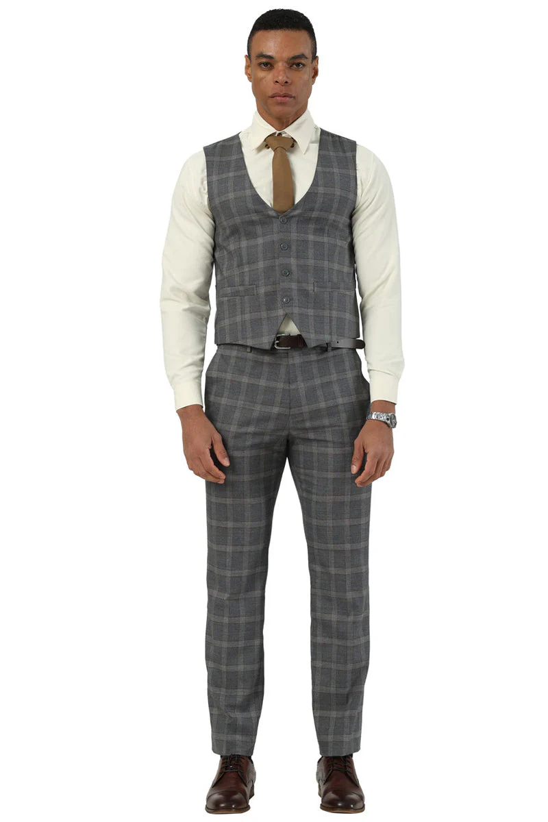 Men's Designer Stacy Adams Vested Glen Plaid Suit in Charcoal & Brown - Image 3