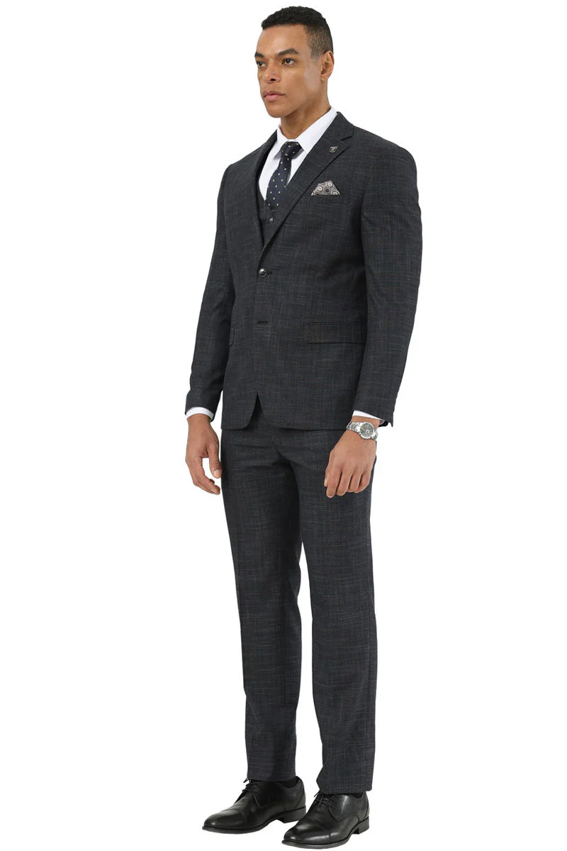 Men's Designer Stacy Adams Vested Suit in Black Sharkskin Weave - Image 2