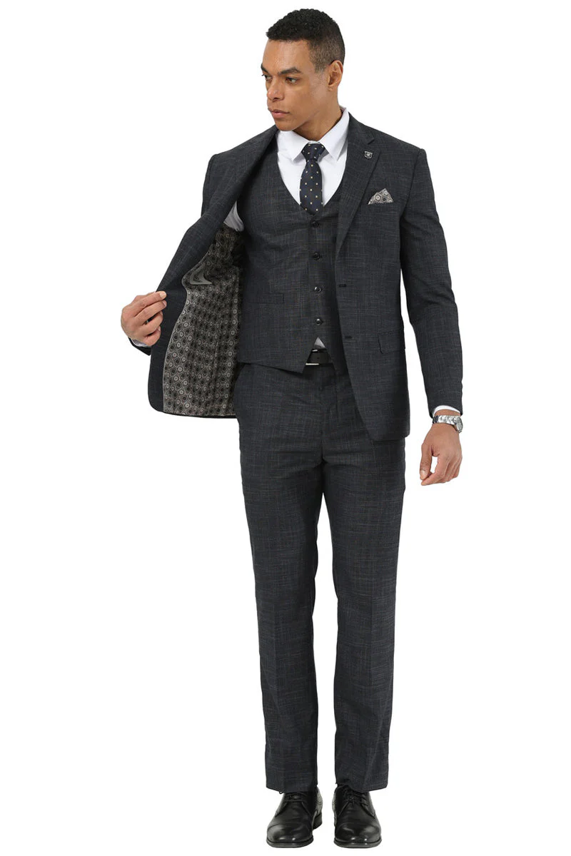 Men's Designer Stacy Adams Vested Suit in Black Sharkskin Weave - Image 4