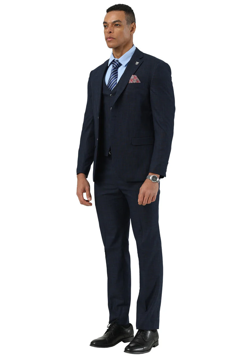 Men's Designer Stacy Adams Vested Suit in Navy Blue Sharkskin Weave - Image 3