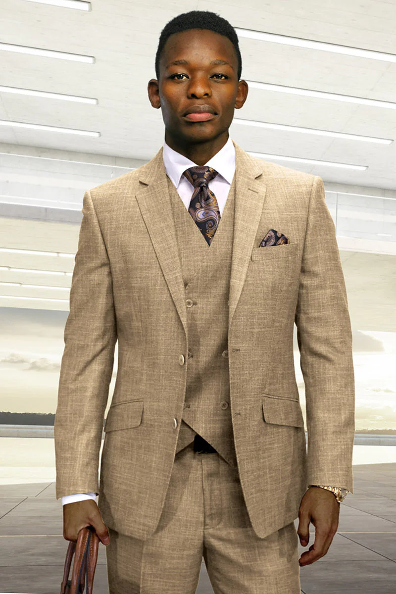 Men's Designer Summer Sharkskin Wool Suit with Double Breated Vest in Camel Tan