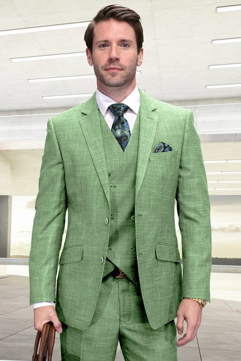 Men's Designer Summer Sharkskin Wool Suit with Double Breated Vest in Mint Green