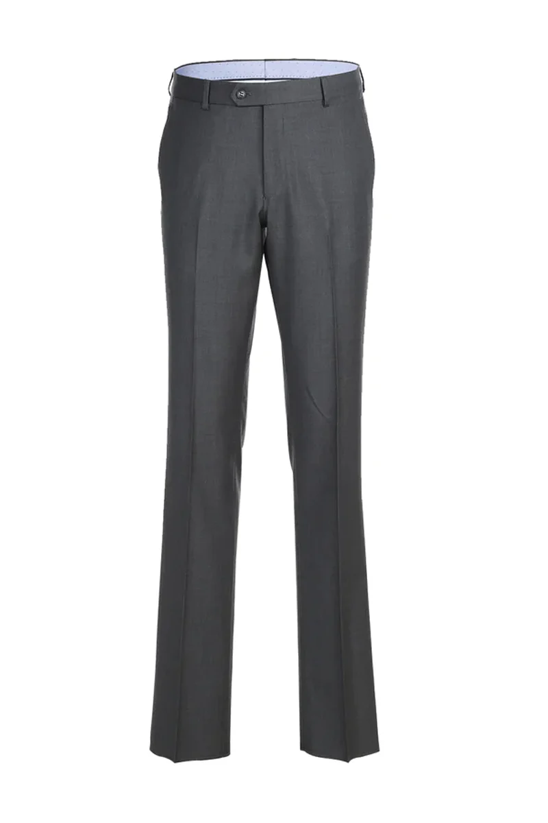 Mens Designer Two Button Classic Fit Half Canvas Wool Suit in Steel Grey - Image 2