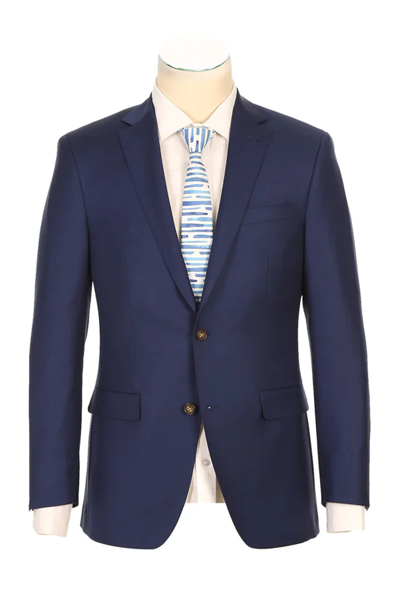 Mens Designer Two Button Modern Fit Half Canvas Wool Suit in Indigo Blue