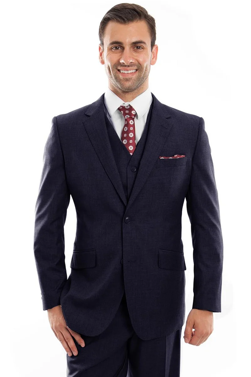 Men's Designer Two Button Modern Fit Vested Wool Suit in Navy Blue