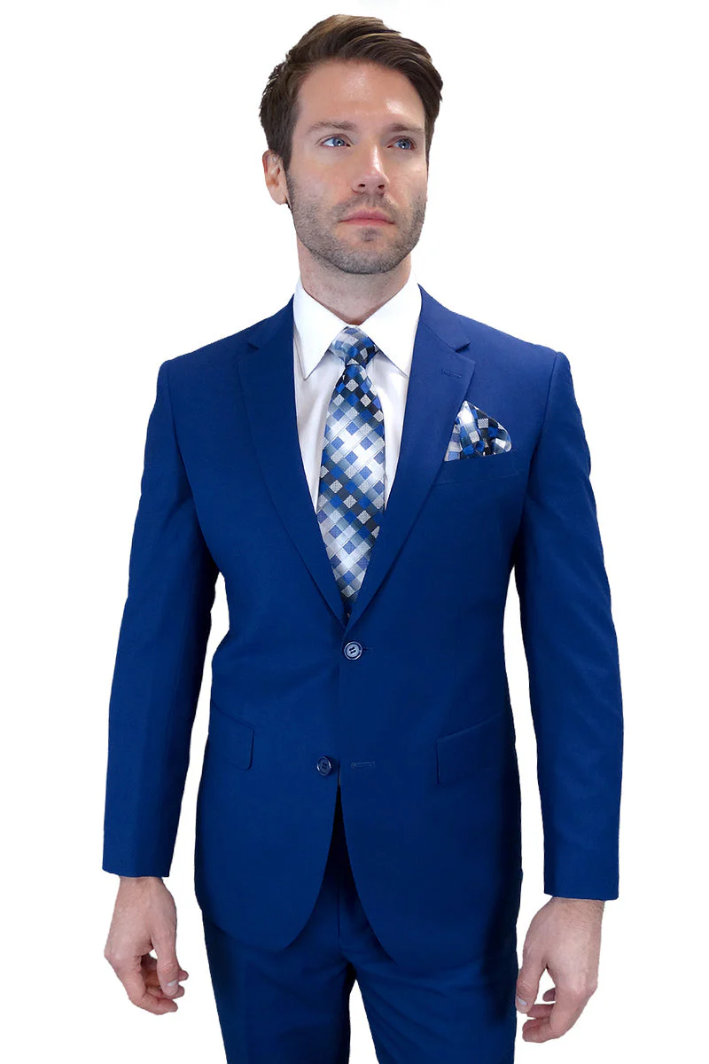 Men's Designer Two Button Modern Fit Wool Suit in Sapphire Blue