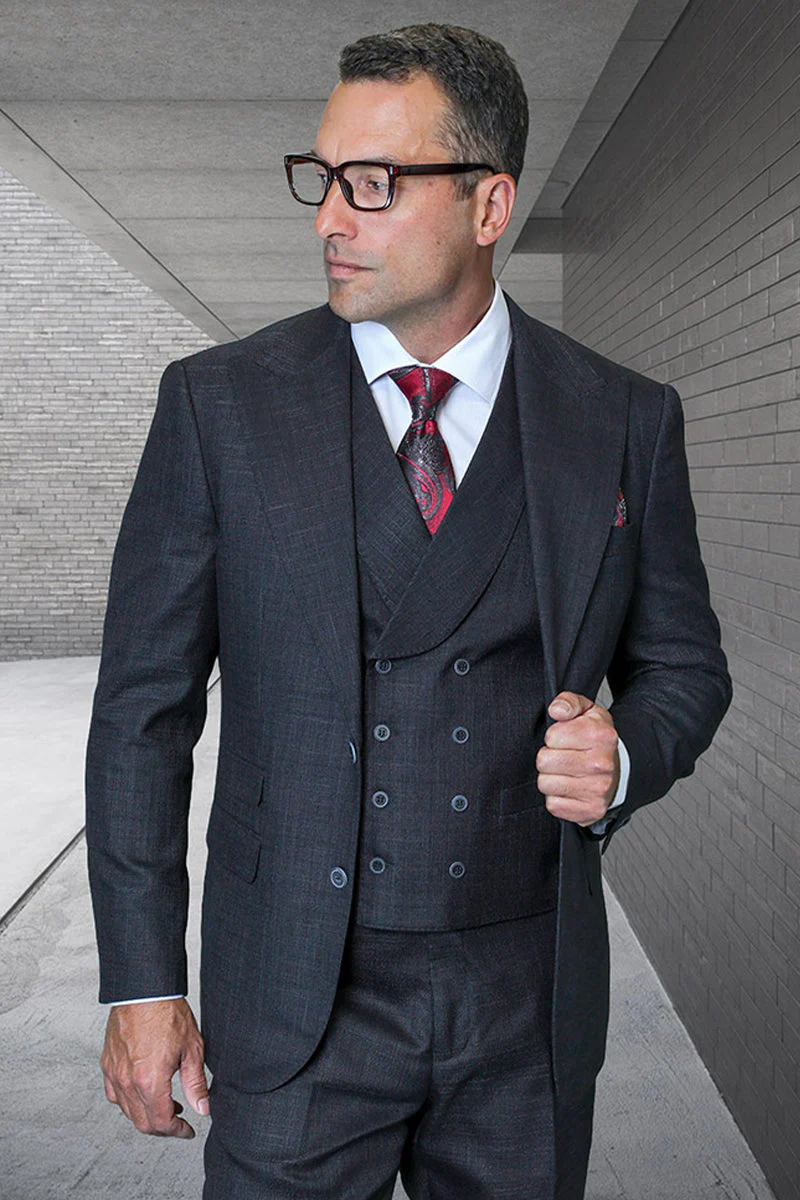 Men's Designer Two Button Wool Sharkskin Suit in Black with Double Breasted Vest