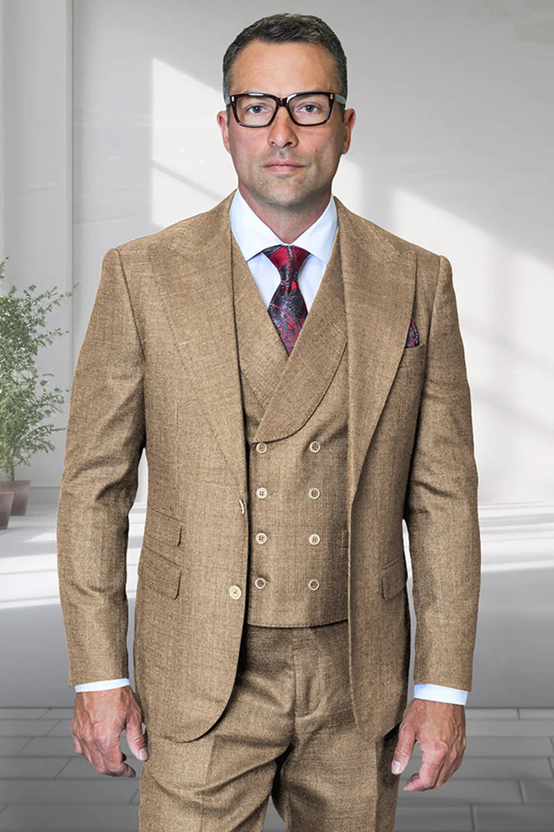 Men's Designer Two Button Wool Sharkskin Suit in Bronze with Double Breasted Vest