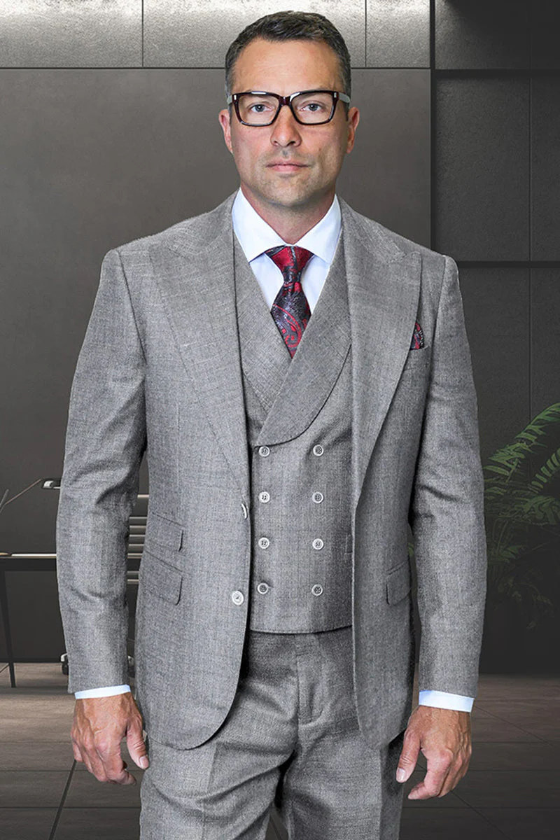 Men's Designer Two Button Wool Sharkskin Suit in Grey with Double Breasted Vest