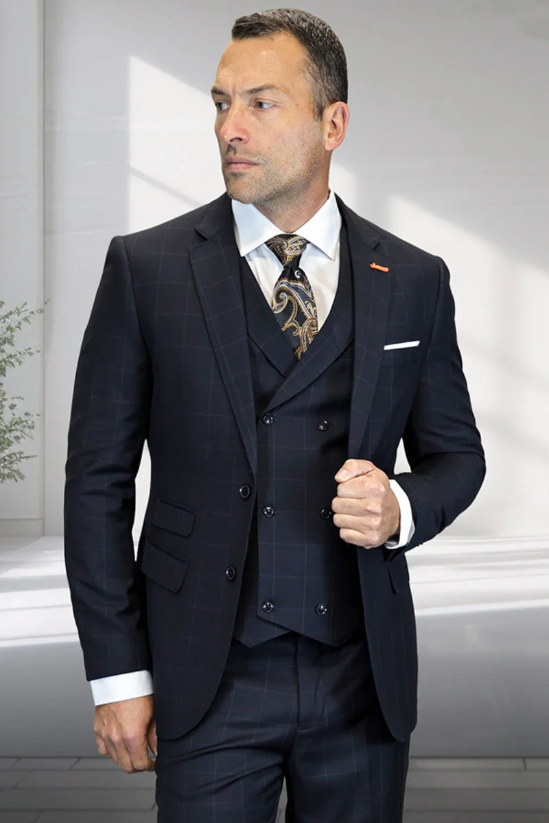 Men's Designer Two Button Wool Suit in Black Windowpane Plaid with Double Breasted Vest