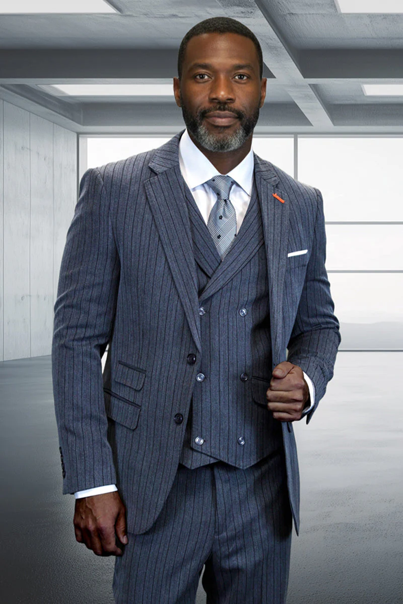 Men's Designer Two Button Wool Suit in Charcoal Pinstripe with Double Breasted Vest