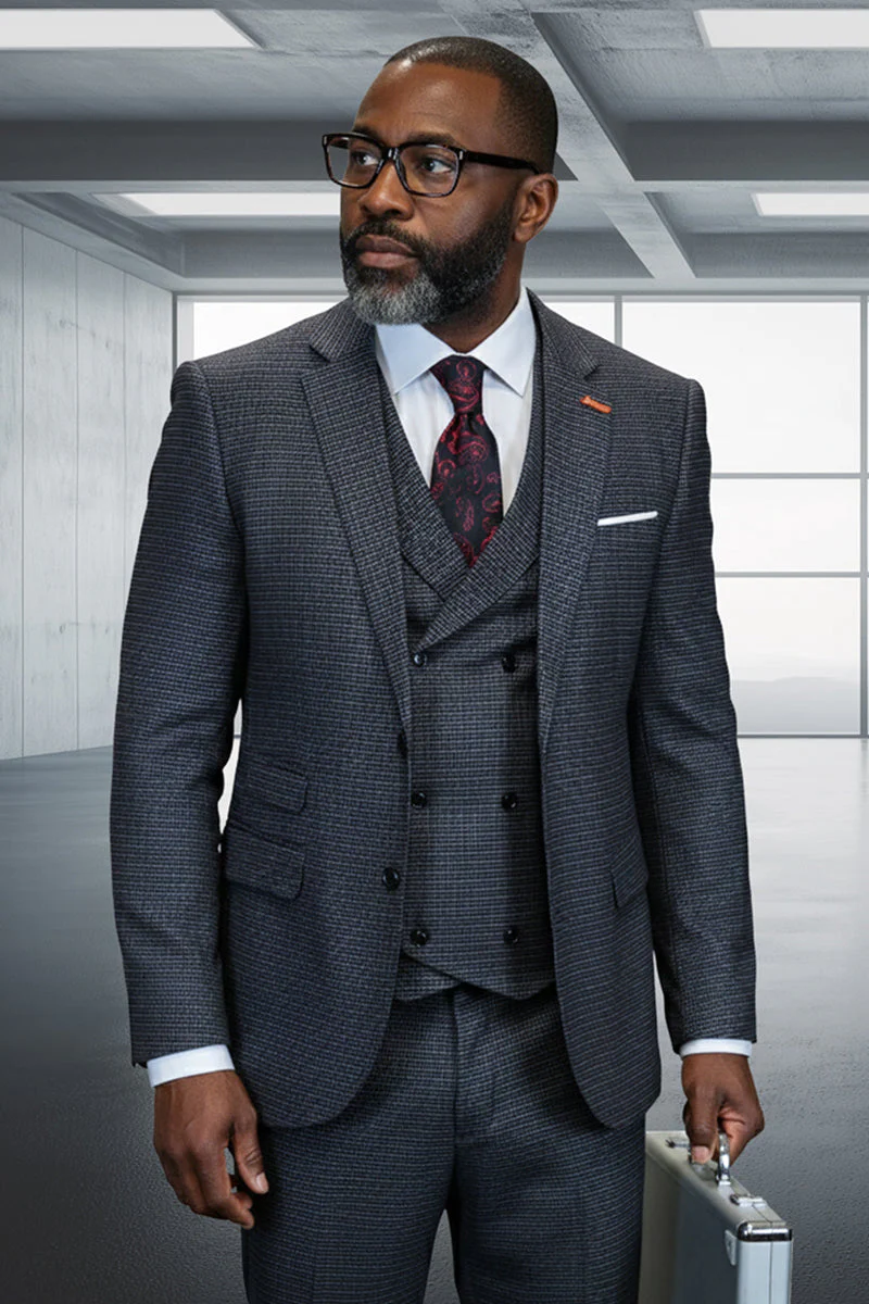 Men's Designer Two Button Wool Suit in Dark Grey Micro Plaid with Double Breasted Vest