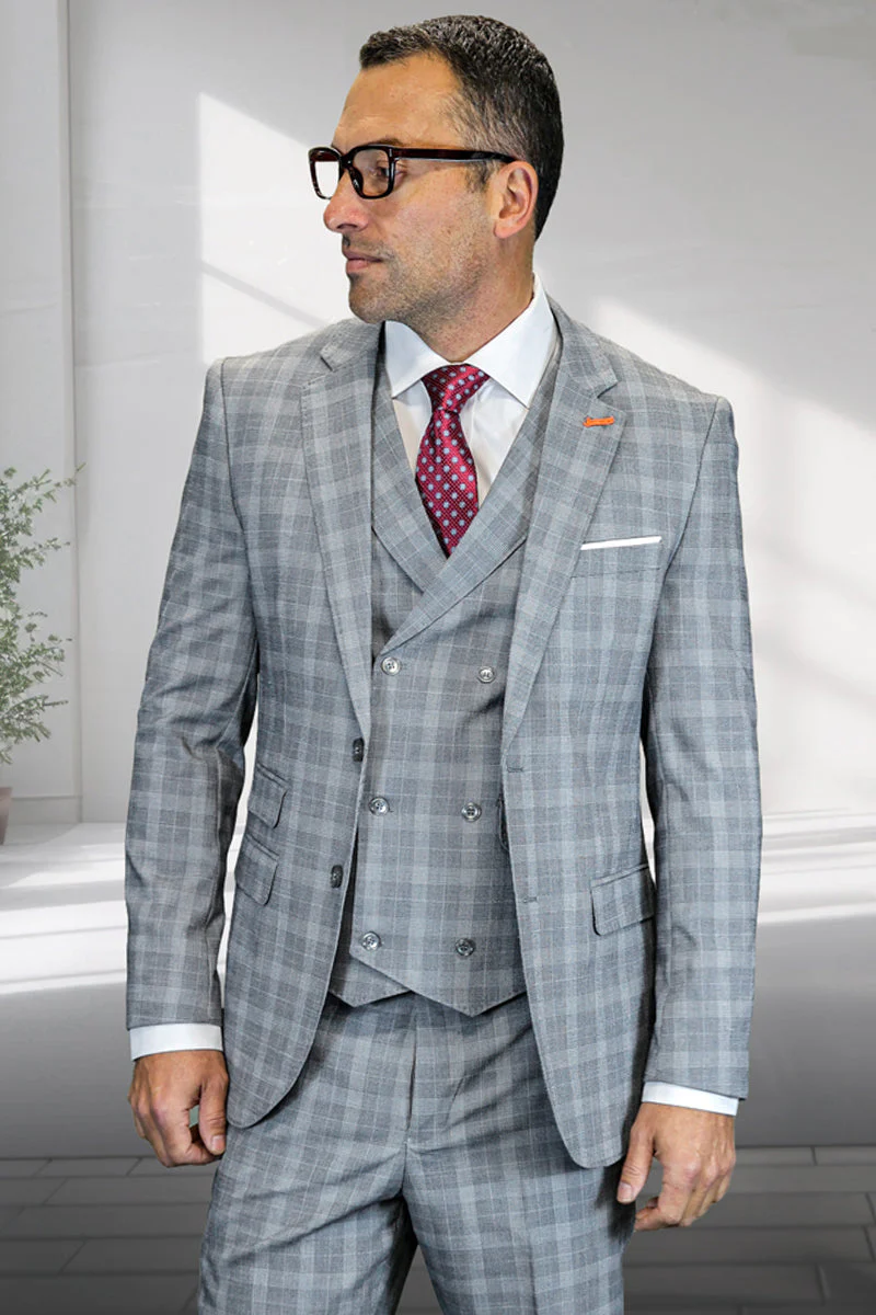 Men's Designer Two Button Wool Suit in Light Grey Glen Plaid with Double Breasted Vest
