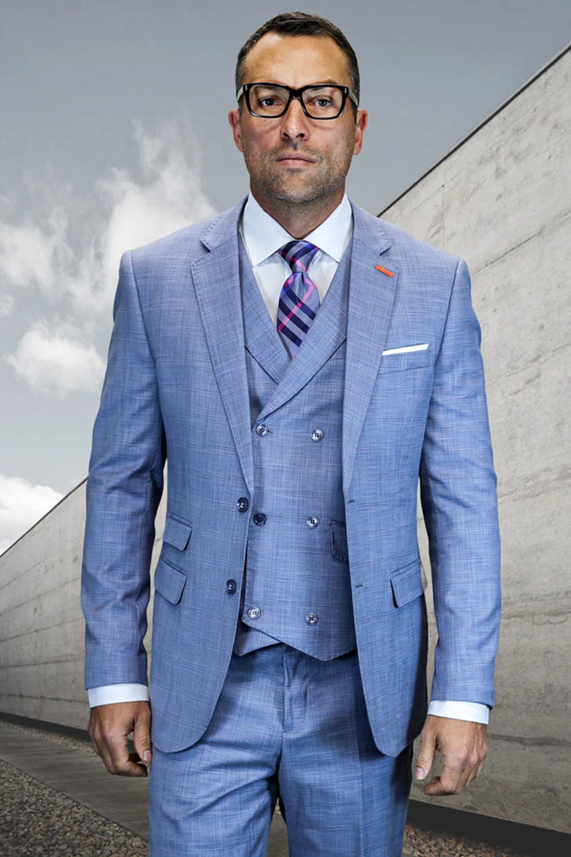 Men's Designer Two Button Wool Suit in Light Steel Blue Sharkskin with Double Breasted Vest
