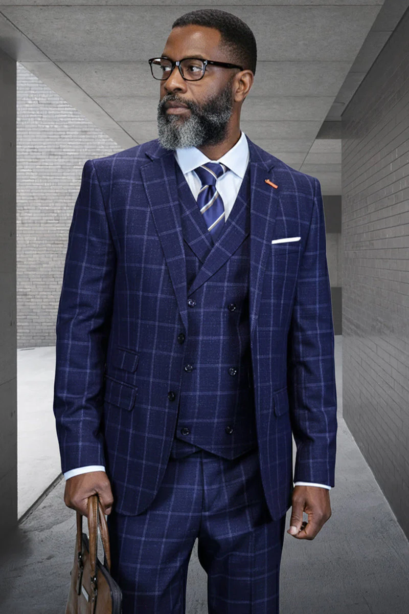 Men's Designer Two Button Wool Suit in Midnight Blue Windowpane Plaid with Double Breasted Vest