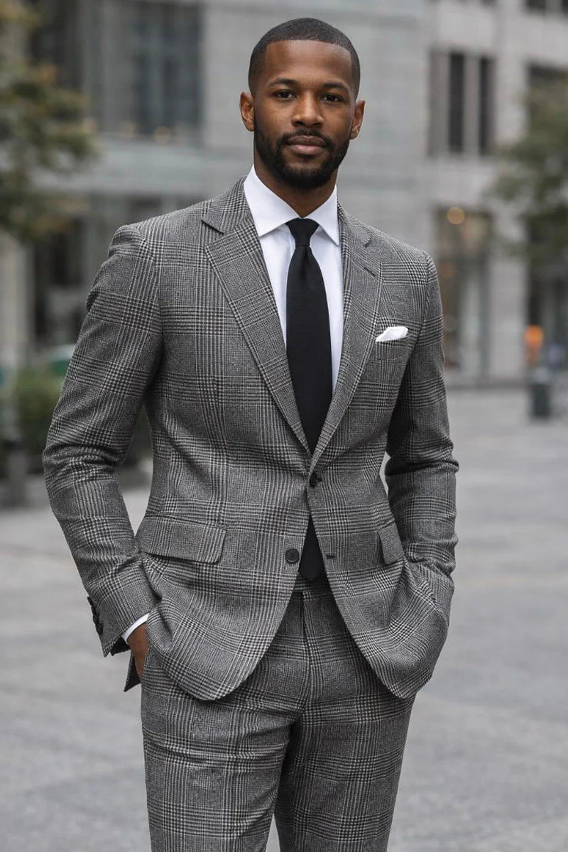 Men's Designer Two Piece Modern Fit Wool Suit in Black Glen Plaid